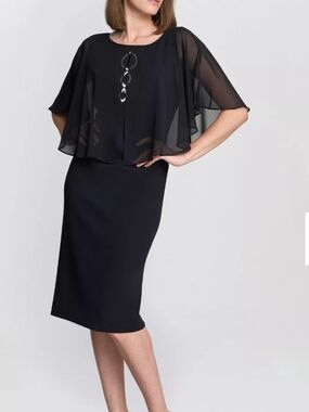 Elegant Black Sheer Cape Midi Dress